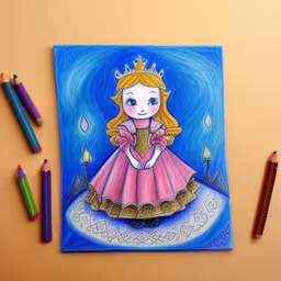 a drawing of a princess sitting on top of a desk next to crayon pencils and two pens,a drawing with markers and pens laying on top of it