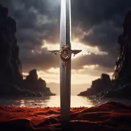a sword with an insect on it is sitting on a rocky shore