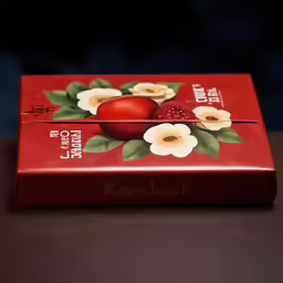 a small red box that has some fruit on it