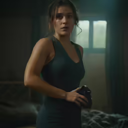 the woman in a green top is holding a cup