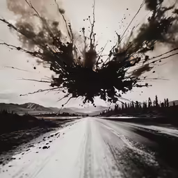 a long dirty highway with a sky full of clouds and a black and white photo