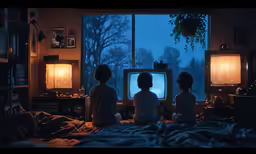 children playing a video game in bed at night