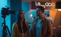 a man and woman stand together near a camera
