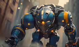 a large robot like object with yellow eyes standing in a city