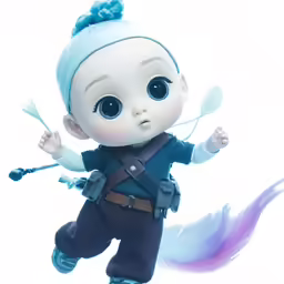 a small doll with very big eyes holding arrows