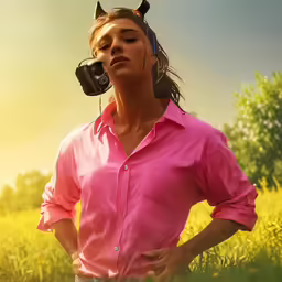 a girl is standing in a field holding her headphones