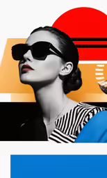 a woman wearing sunglasses standing in front of a striped background