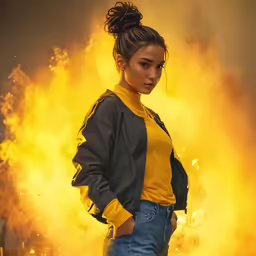 a young female posing with fire coming from her back