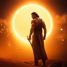 an image of a man in front of a giant sun with a sword