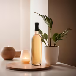 a bottle of wine and some potted plants on a table