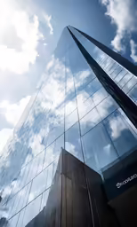 a view up at a skyscraper that has lots of windows