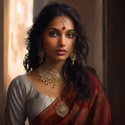 a girl wearing two necklaces and a blouse,a young woman in a traditional indian outfit