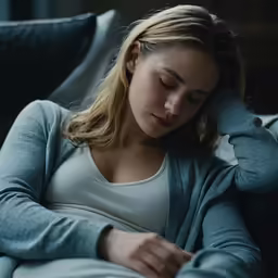 woman sitting on couch with hands on the head