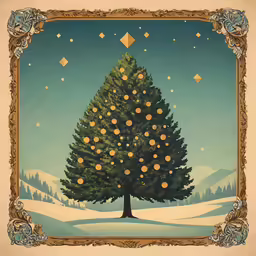 a stylized christmas tree with ornaments and yellow balls