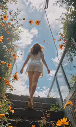a woman walking up stairs with orange flowers