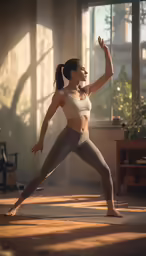 a woman in a white tank top and leggings doing yoga