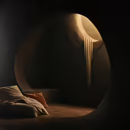 the moon is suspended from the ceiling in a dark bedroom