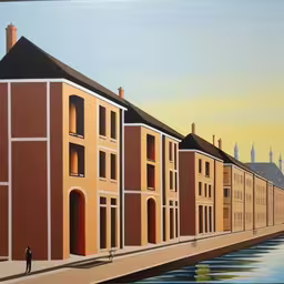 a painting of people by a river with buildings painted on the sides,a painting of a wall next to the water