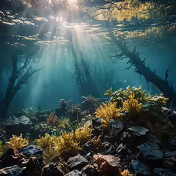 an underwater photo shows the ocean floor surrounded by vegetation