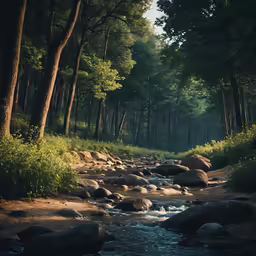 a stream runs through the middle of a forest