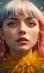 a woman with pink and blue hair wearing a yellow flower in her neck