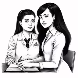 two girls, one with long hair and one with dark hair, sitting together in front of a book