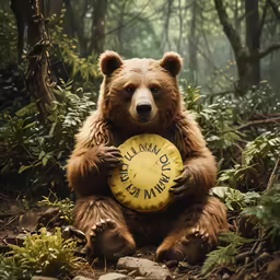 a bear sitting in the woods holding a yellow frisbee