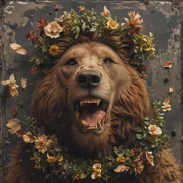 an image of a brown bear with a wreath of flowers on his head