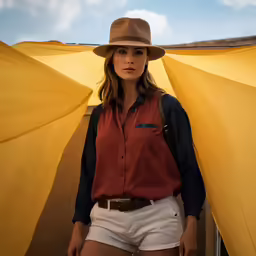 a woman wearing shorts and a cowboy hat poses