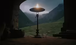 a light is shining brightly above a mountain valley