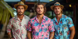 three men in floral shirts pose for a photo,three guys in colorful shirts and hats posing for a photo