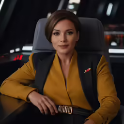 a woman in yellow sitting at a desk in a room