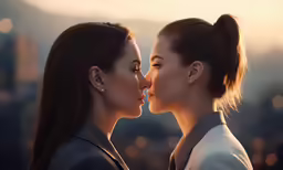 two women standing next to each other facing different directions