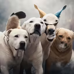 four white dogs with horns standing around