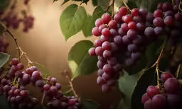 grapes hanging from a tree with green leaves