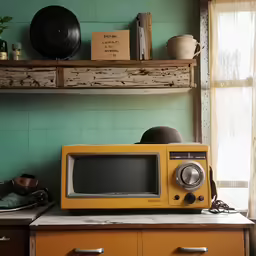 a vintage microwave sits on top of a cabinet in an old room
