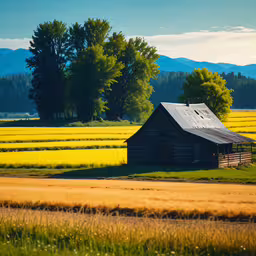a small barn in the middle of a field,an old barn sits in a yellow field