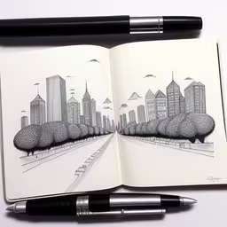 a pen drawing of a view of city from the inside of a notebook,a picture of a city from an open notebook,this is an open notebook with a pen and some drawings,an open notebook with a drawing of city buildings,a notebook with a pen and drawing of trees
