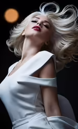 the image shows a woman with blond hair in white