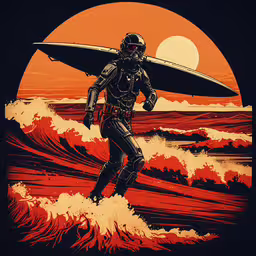 a poster depicting a surfer on the ocean waves,a man with a surf board in his hand is walking along the beach