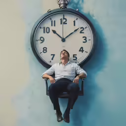 a man sitting in a chair and looking up at a clock