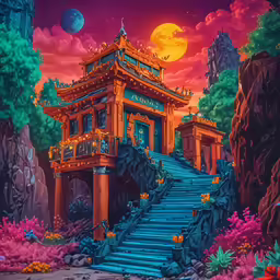 a painting with stairs, steps, and a clock on it