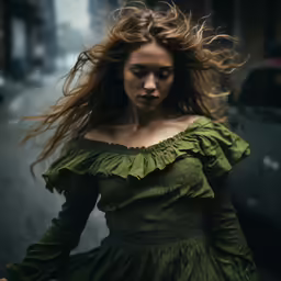 a woman walking down the street in a green dress