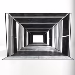 a long white hallway with columns and cement walls