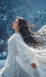a woman dressed in white, is surrounded by snow