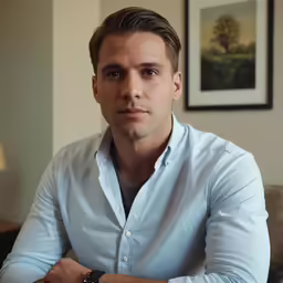 a man sitting with his arms crossed looking at the camera