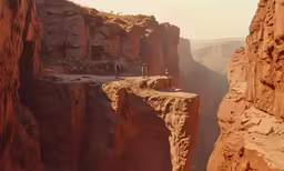 two people walking along a cliff next to another person