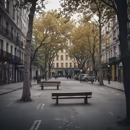 some benches and trees along the street