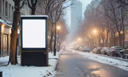 street scene in the winter with a bus stop sign