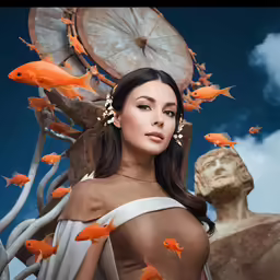 a woman with long dark hair, wearing brown dress in the sky with orange fishes